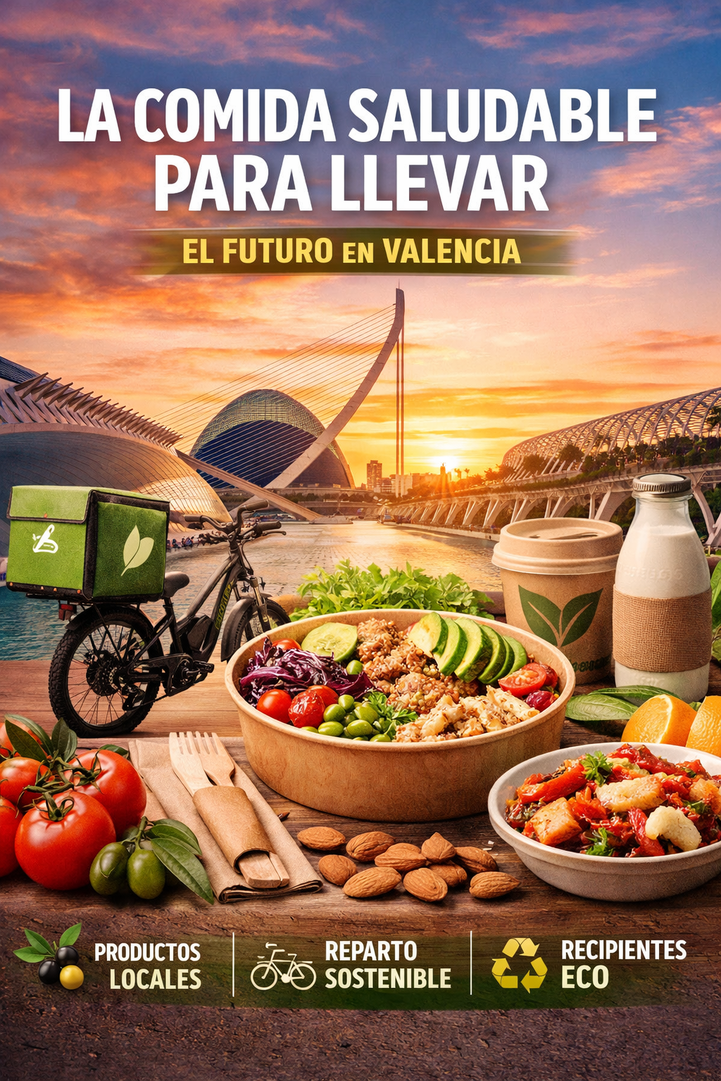 Comida saludable para llevar en Valencia con bowl fresco, packaging eco y reparto sostenible en bicicleta